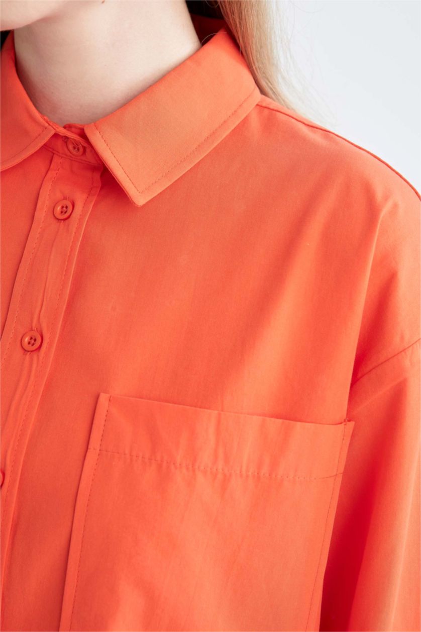 Жіночий Помаранчевий Туніка з довгим рукавом стандартного крою з коміром з довгим рукавом з попліну для жінок