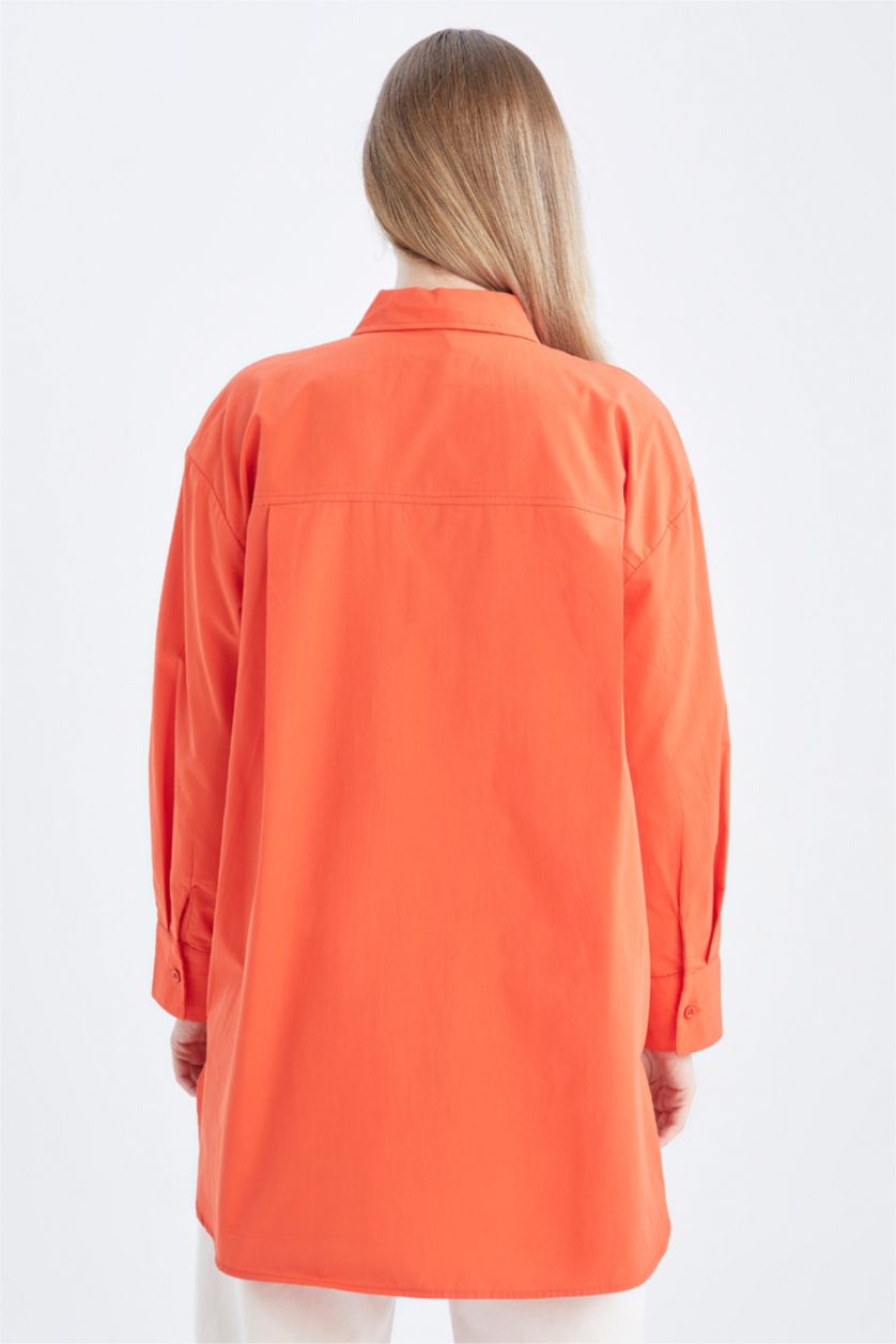 Жіночий Помаранчевий Туніка з довгим рукавом стандартного крою з коміром з довгим рукавом з попліну для жінок