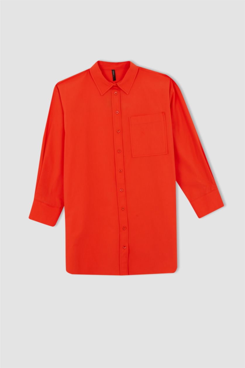 Жіночий Помаранчевий Туніка з довгим рукавом стандартного крою з коміром з довгим рукавом з попліну для жінок