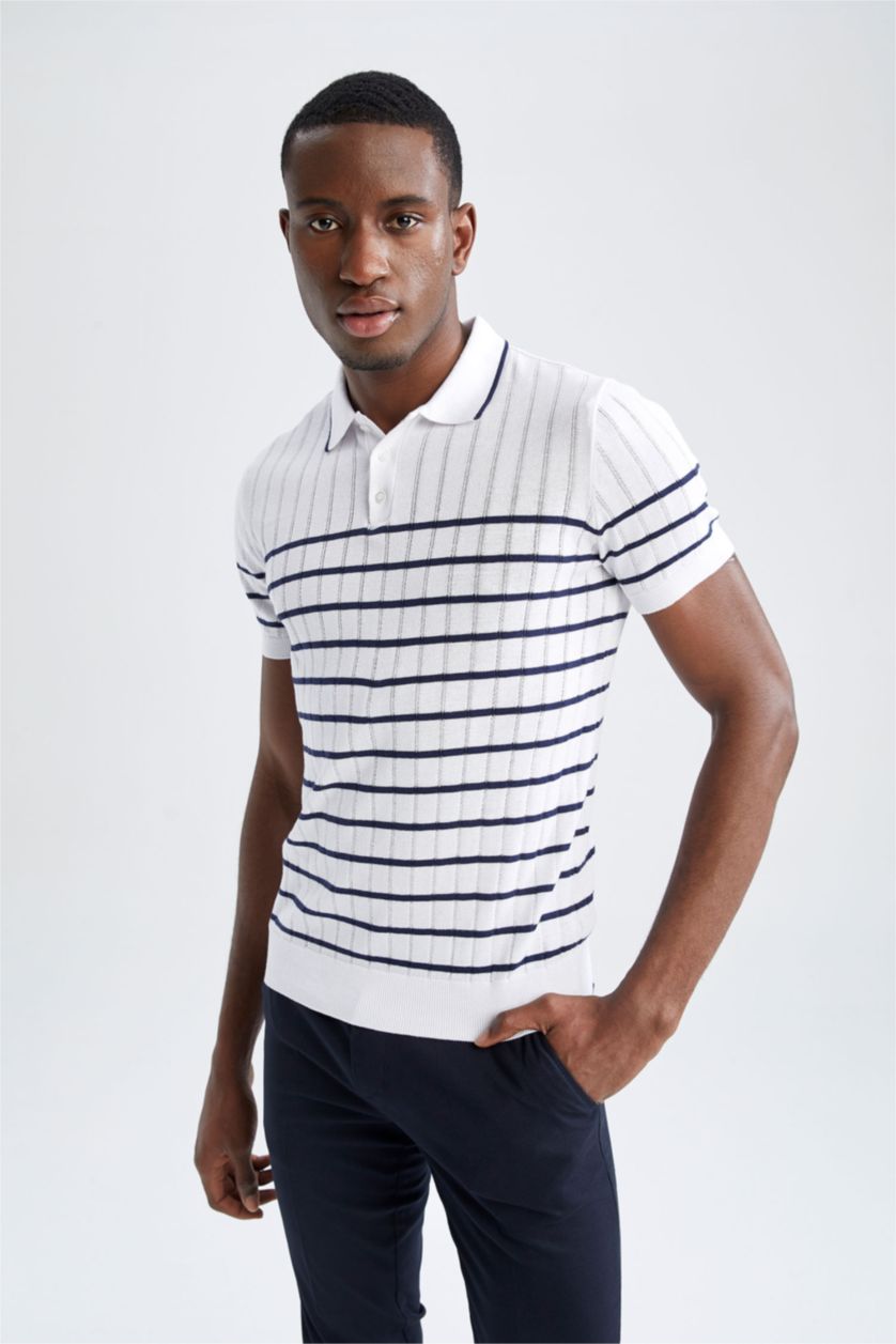 رجال أبيض تي شيرت بولو مخطط تريكو سليم فيت
