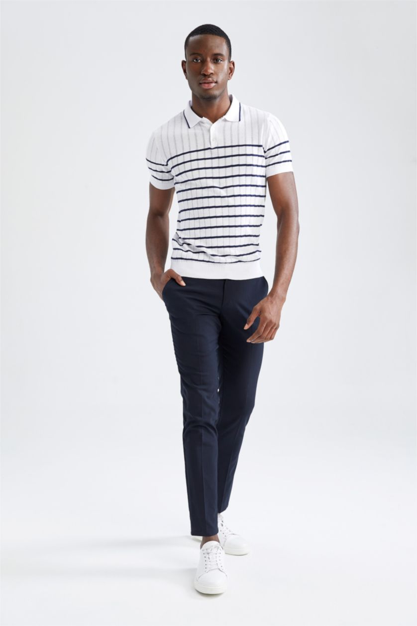 رجال أبيض تي شيرت بولو مخطط تريكو سليم فيت