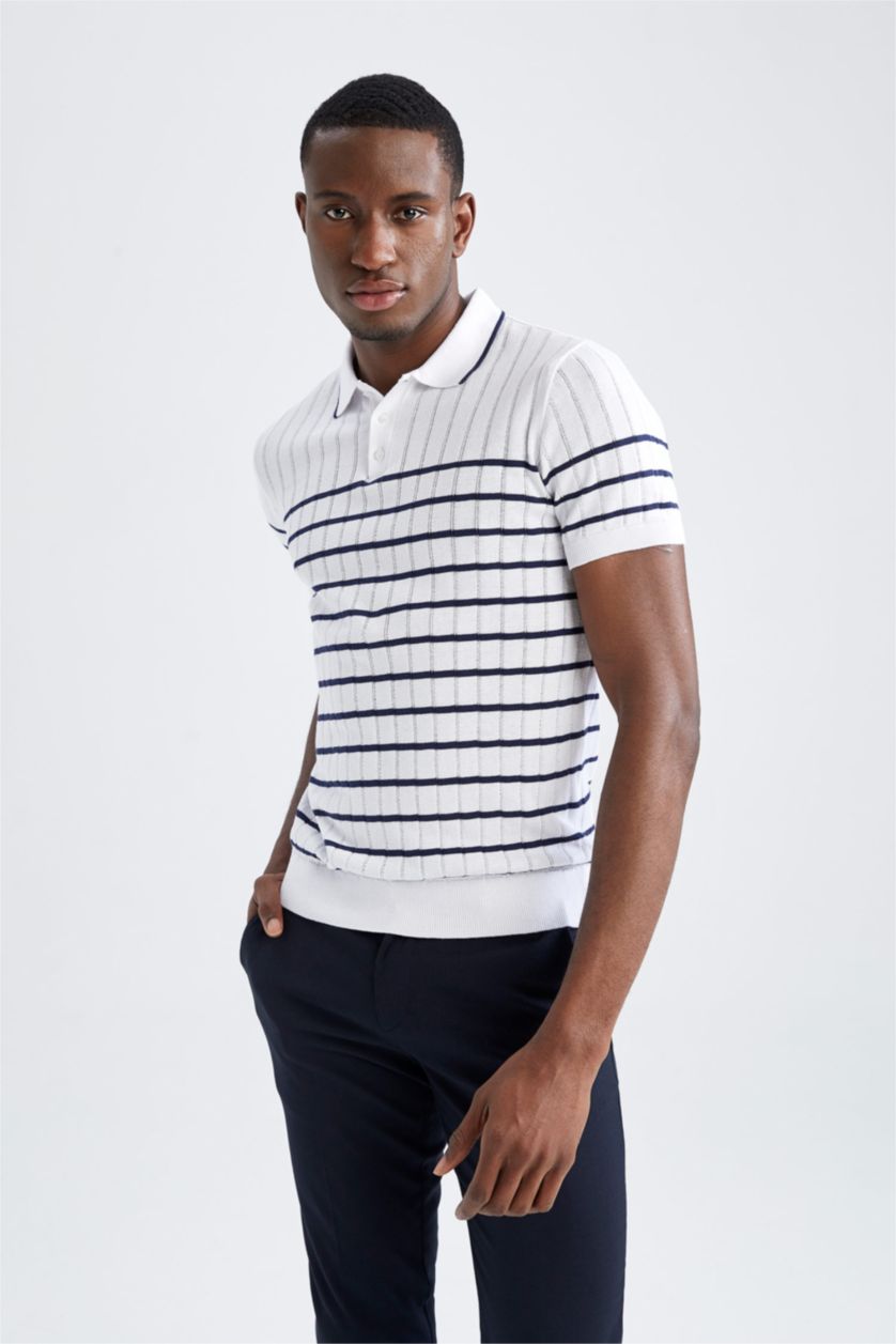 رجال أبيض تي شيرت بولو مخطط تريكو سليم فيت