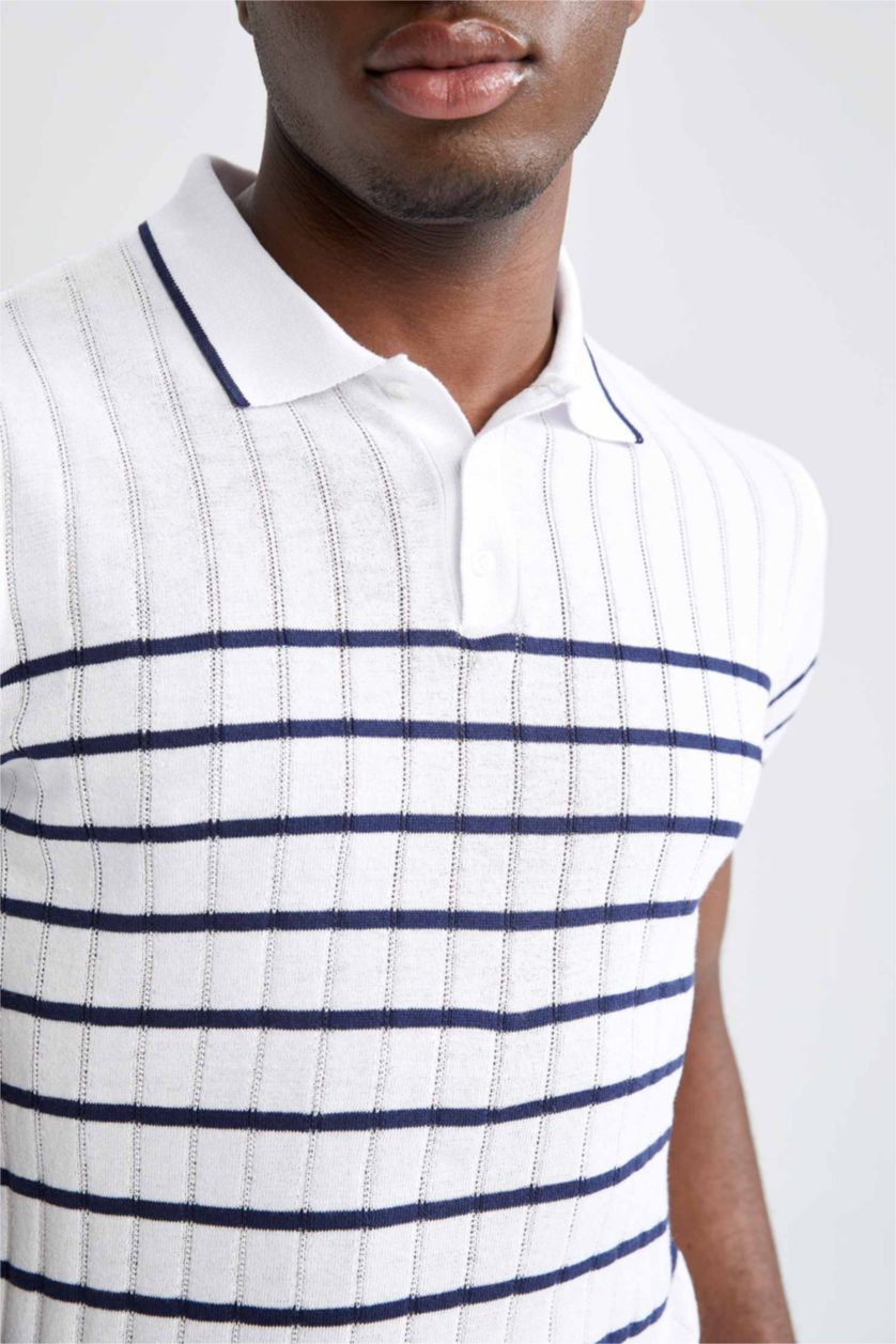 رجال أبيض تي شيرت بولو مخطط تريكو سليم فيت