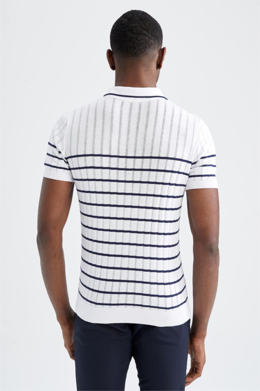 رجال أبيض تي شيرت بولو مخطط تريكو سليم فيت