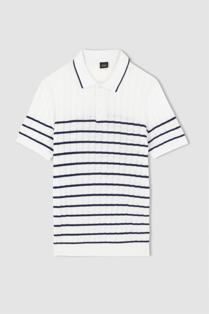 رجال أبيض تي شيرت بولو مخطط تريكو سليم فيت