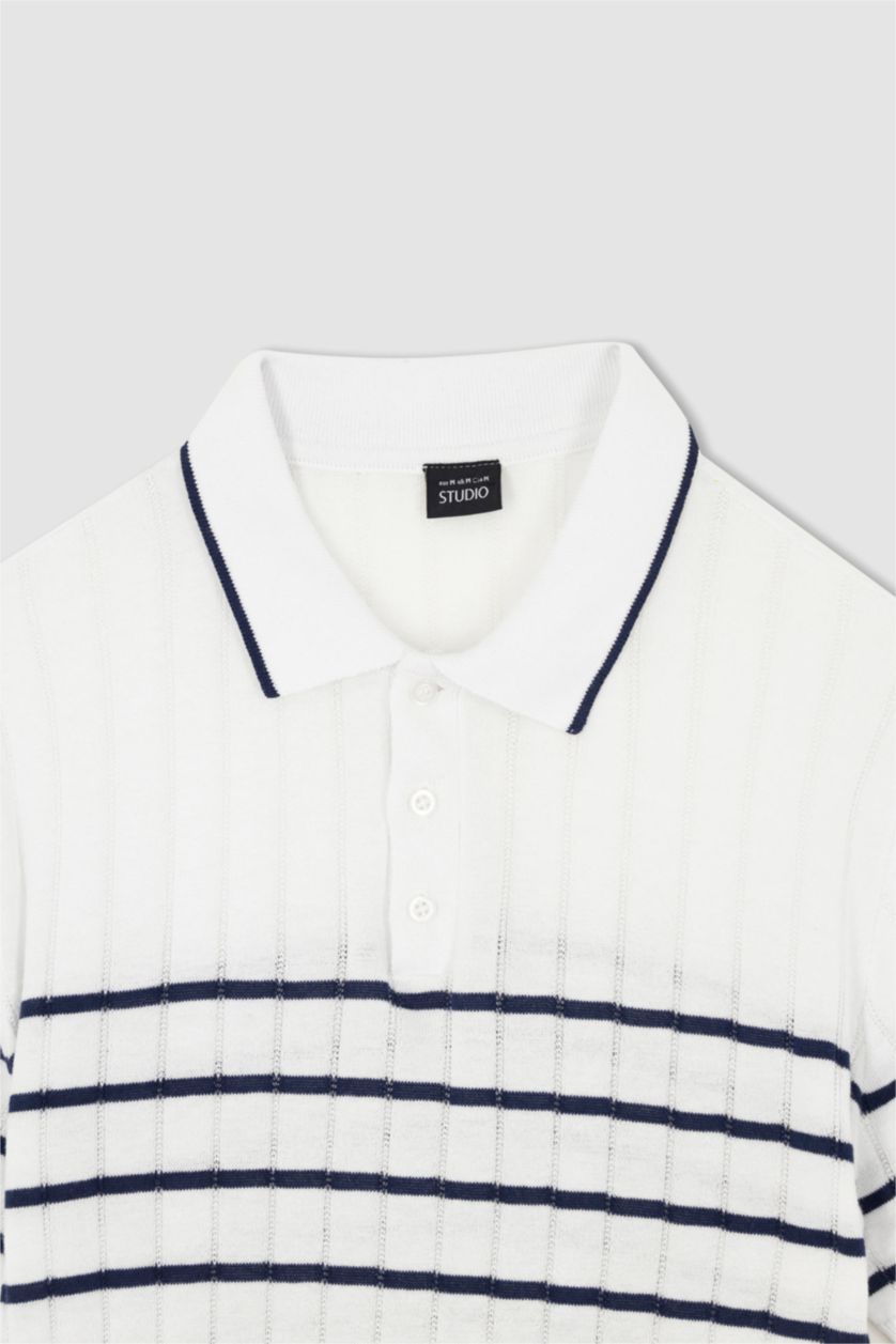 رجال أبيض تي شيرت بولو مخطط تريكو سليم فيت