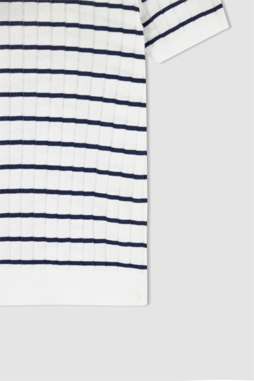 رجال أبيض تي شيرت بولو مخطط تريكو سليم فيت