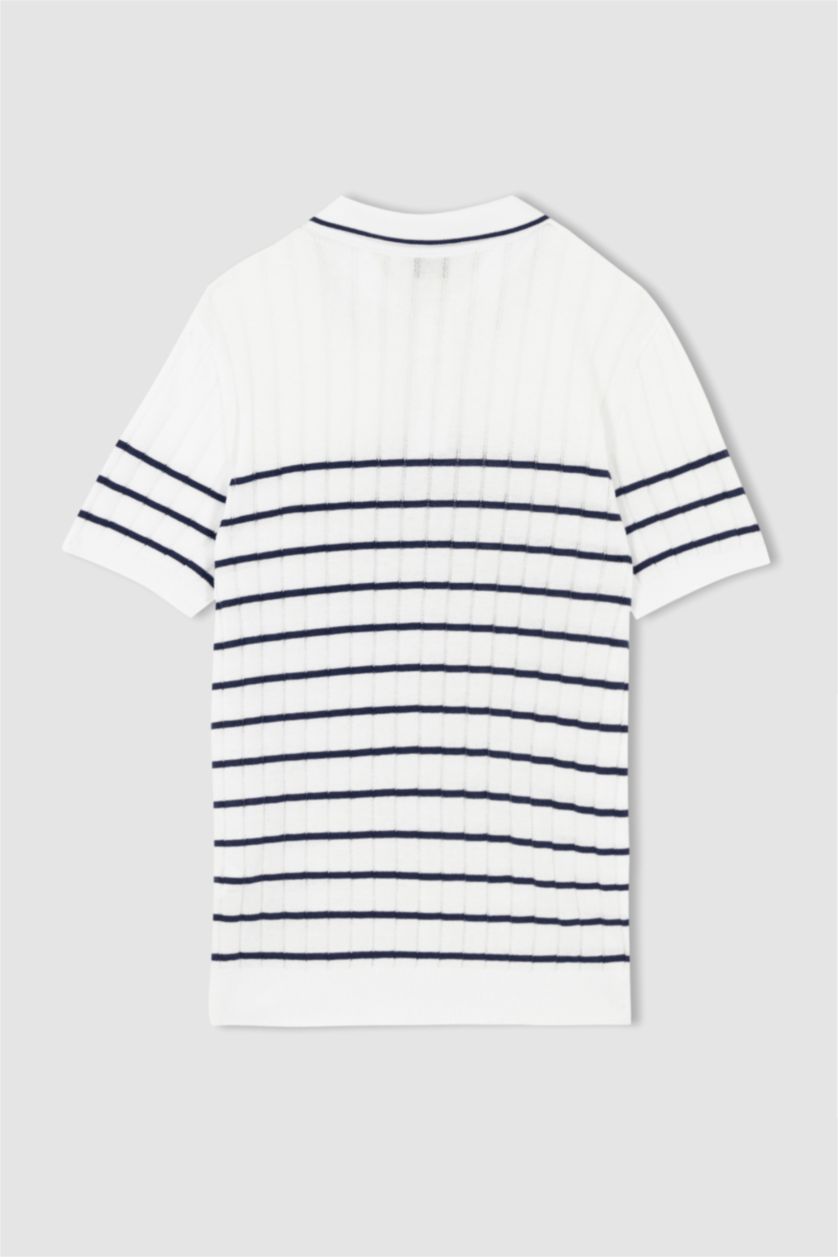 رجال أبيض تي شيرت بولو مخطط تريكو سليم فيت