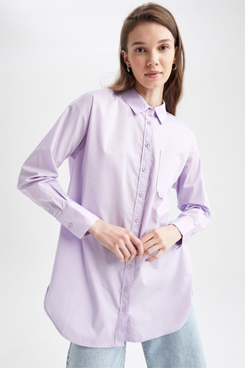 Kadın Lila Regular Fıt Poplin Uzun Kollu Tunik