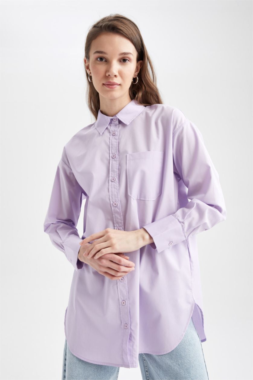 Kadın Lila Regular Fıt Poplin Uzun Kollu Tunik