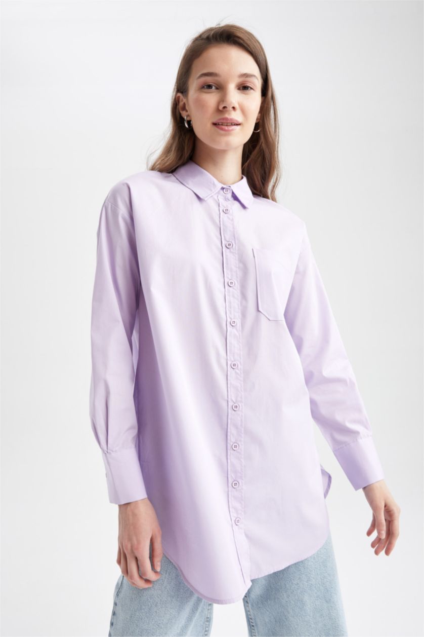 Kadın Lila Regular Fıt Poplin Uzun Kollu Tunik