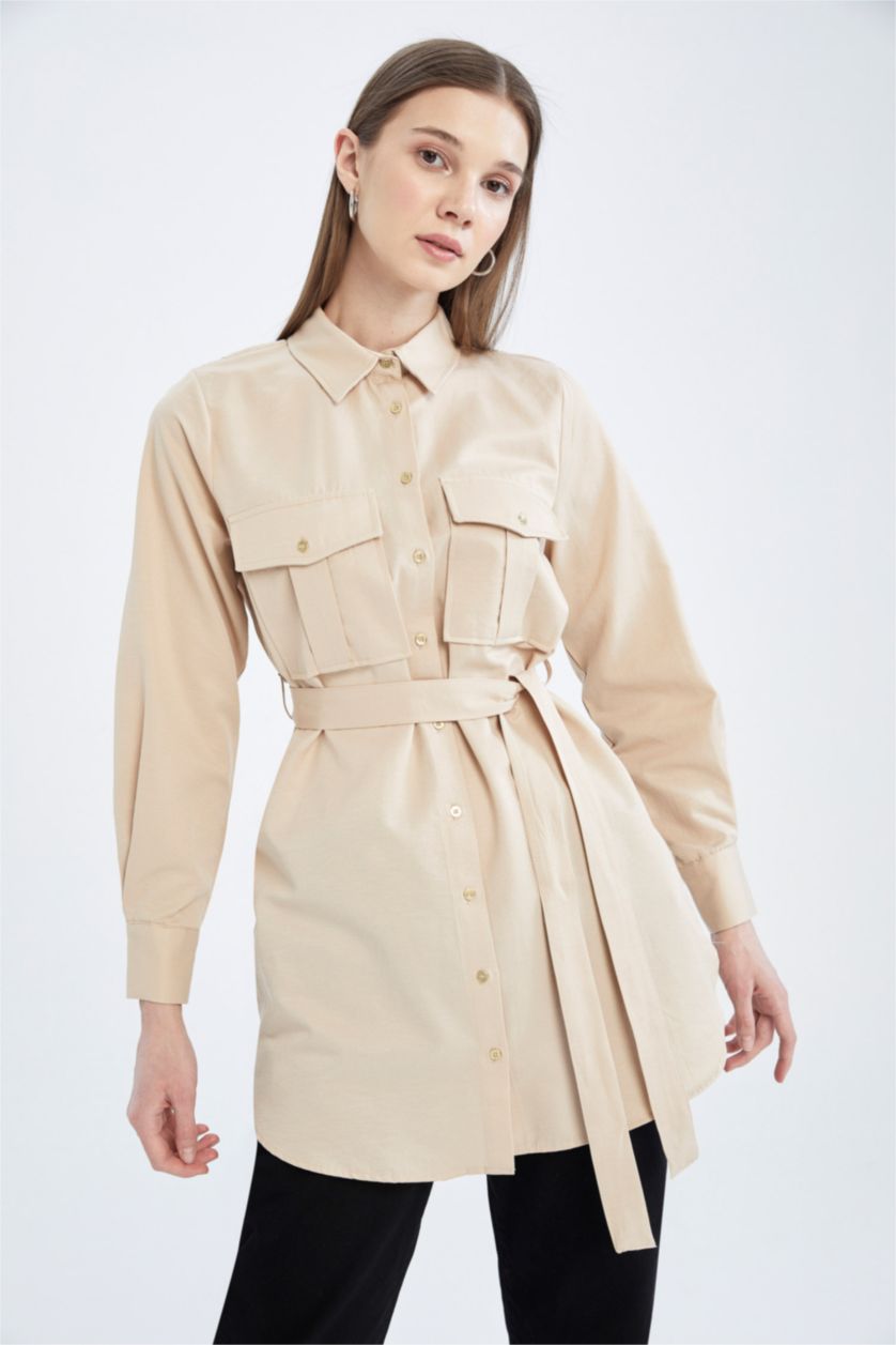 نساء اللون الرملي تونيك كم طويل من قماش البوبلين من ريلاكس