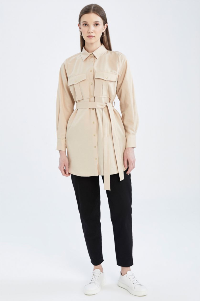 نساء اللون الرملي تونيك كم طويل من قماش البوبلين من ريلاكس