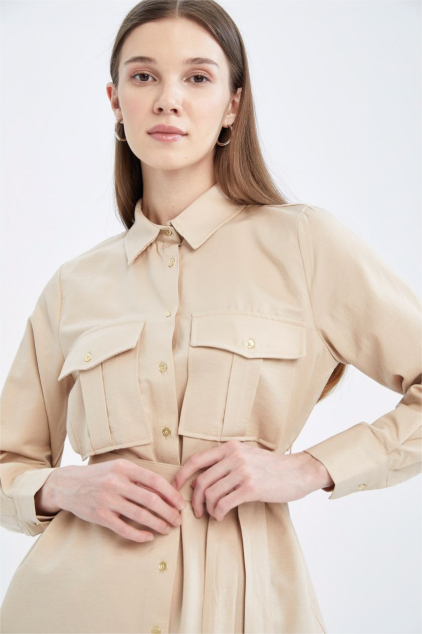 نساء اللون الرملي تونيك كم طويل من قماش البوبلين من ريلاكس