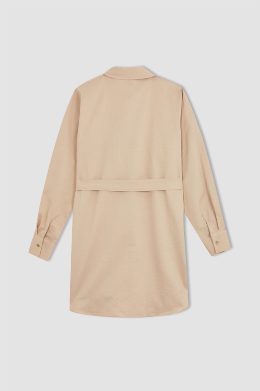 نساء اللون الرملي تونيك كم طويل من قماش البوبلين من ريلاكس