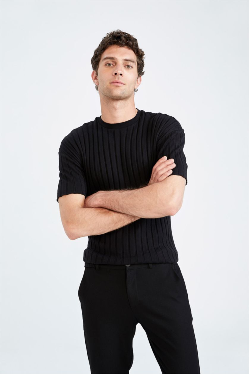 MAN Black Oversize Fit Crew Neck Line Textured Short Sleeve Knitwear T-Shirt