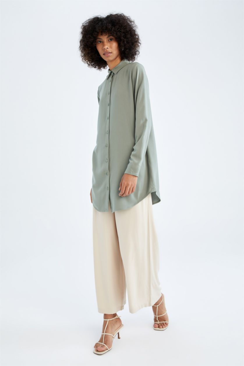 WOMAN Light Green Regular Fit Long Sleeve Crinkle Viscose Shirt Tunic