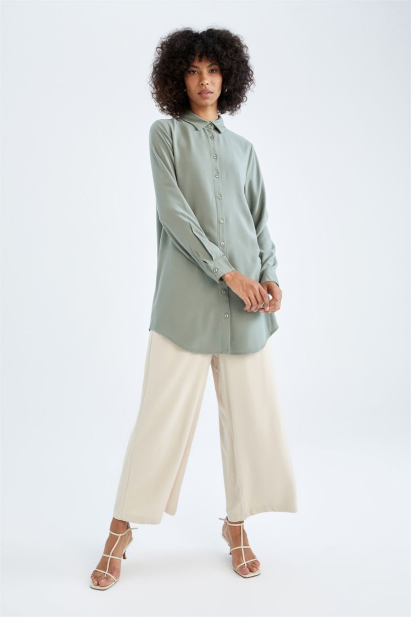 WOMAN Light Green Regular Fit Long Sleeve Crinkle Viscose Shirt Tunic