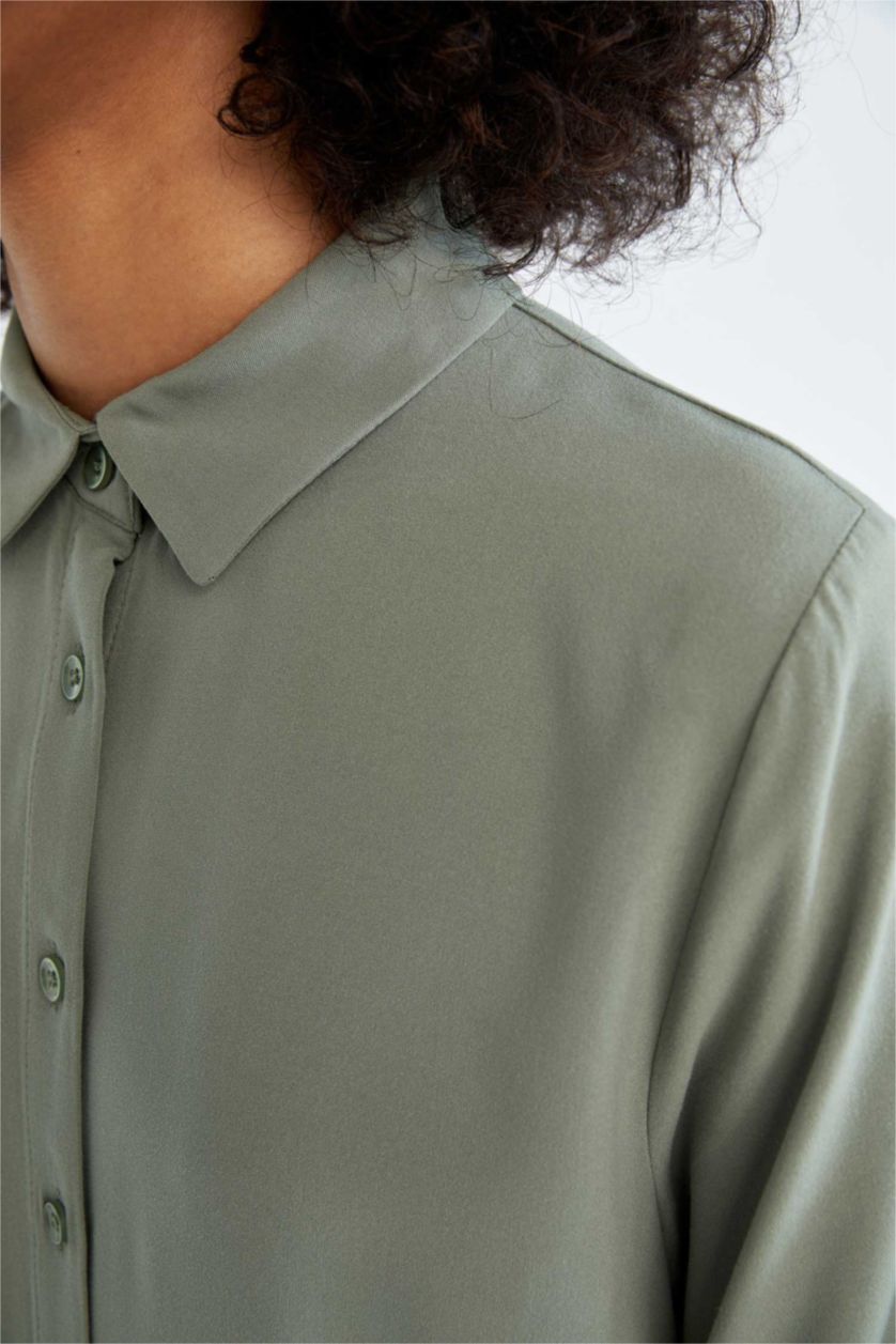 WOMAN Light Green Regular Fit Long Sleeve Crinkle Viscose Shirt Tunic