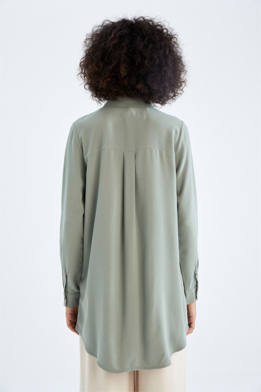 WOMAN Light Green Regular Fit Long Sleeve Crinkle Viscose Shirt Tunic