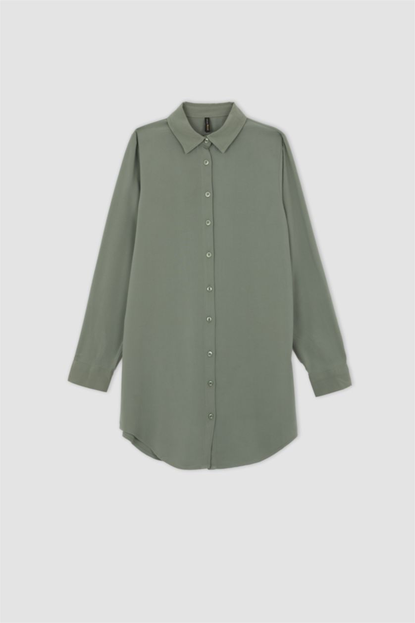 WOMAN Light Green Regular Fit Long Sleeve Crinkle Viscose Shirt Tunic