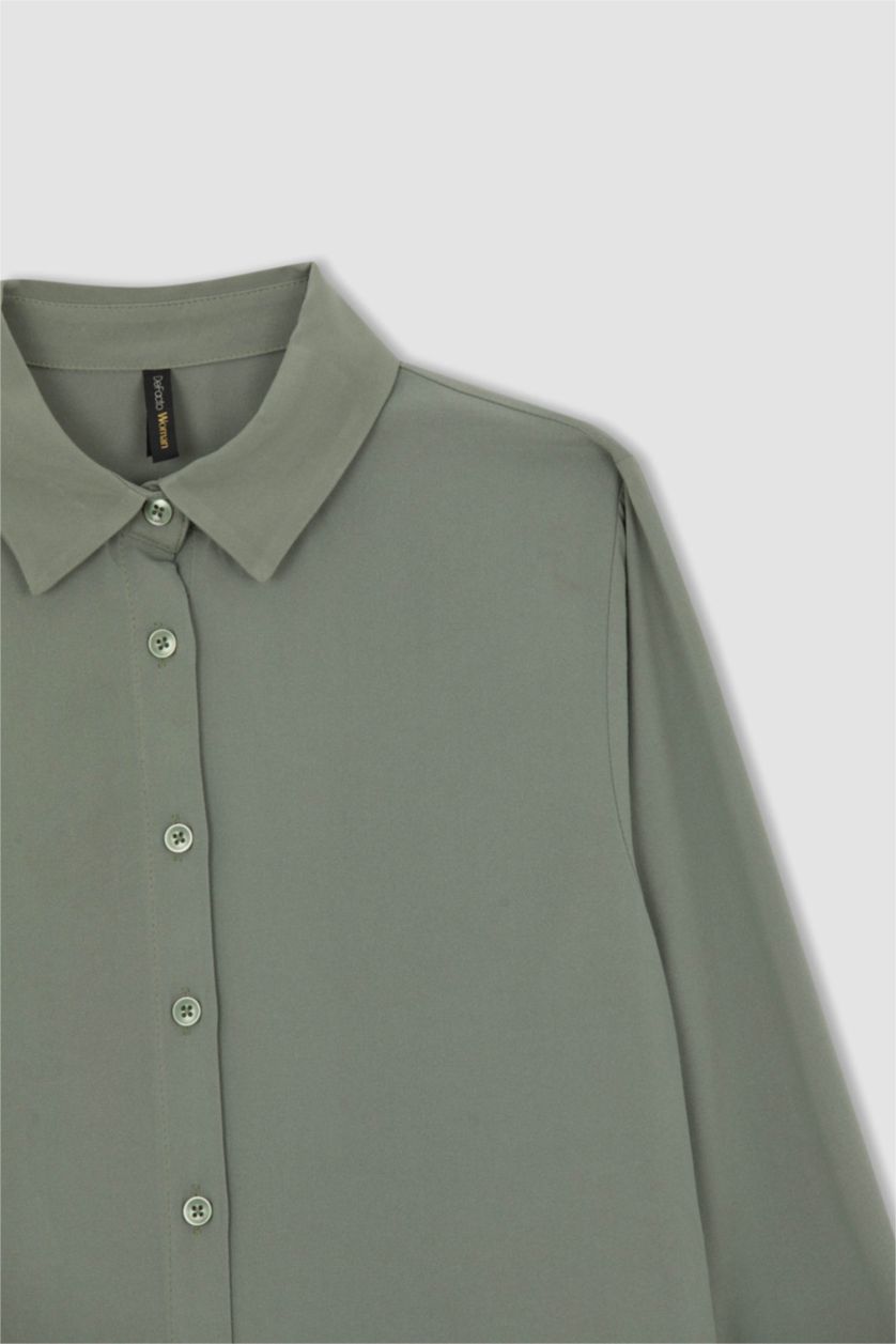 WOMAN Light Green Regular Fit Long Sleeve Crinkle Viscose Shirt Tunic