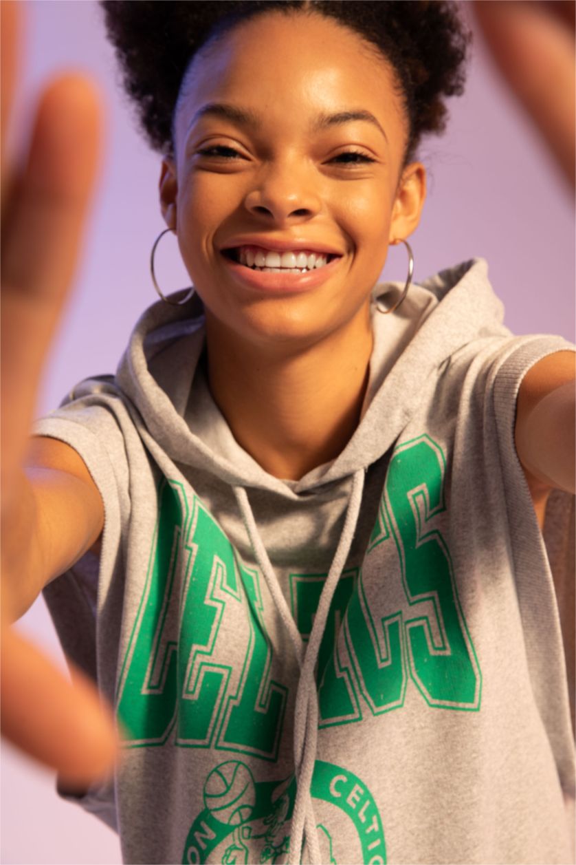 WOMAN Grey Melange Oversized Sleeveless Boston Celtics Printed Hoodie