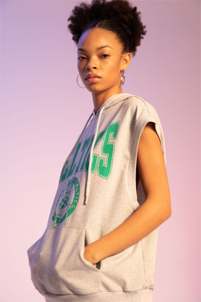 WOMAN Grey Melange Oversized Sleeveless Boston Celtics Printed Hoodie