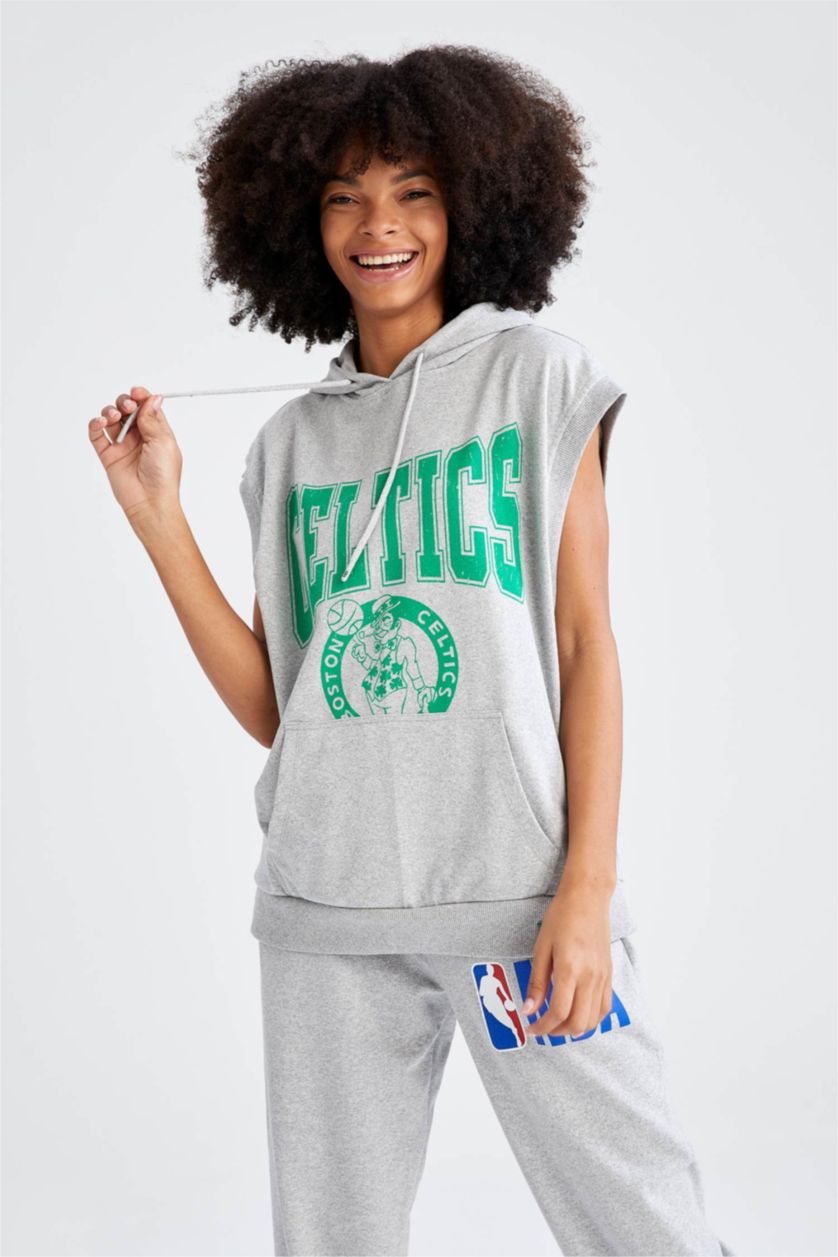 WOMAN Grey Melange Oversized Sleeveless Boston Celtics Printed Hoodie