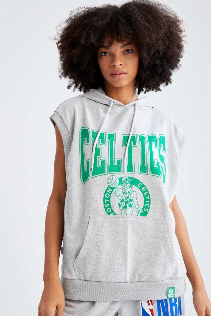 WOMAN Grey Melange Oversized Sleeveless Boston Celtics Printed Hoodie