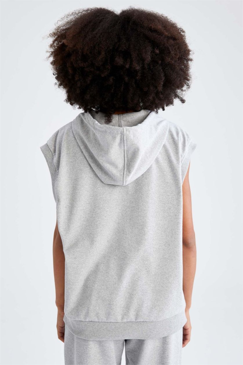 WOMAN Grey Melange Oversized Sleeveless Boston Celtics Printed Hoodie