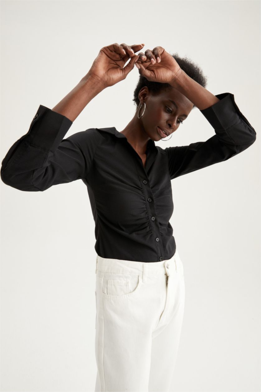 FEMME Noir Chemise ajustée en popeline à manches longues