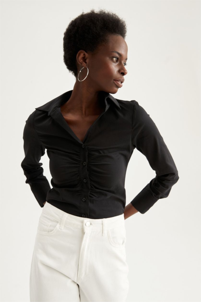 FEMME Noir Chemise ajustée en popeline à manches longues