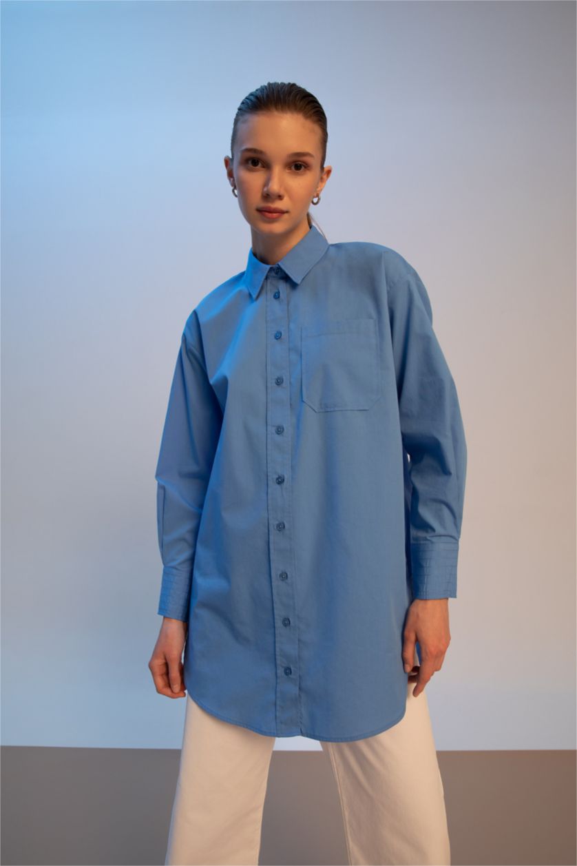 Woman Blue Relax Fit Poplin Long Sleeve Tunic