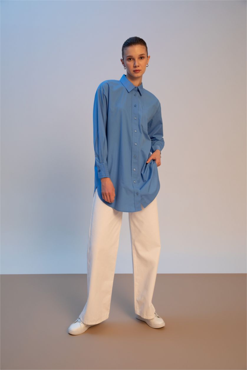 Woman Blue Relax Fit Poplin Long Sleeve Tunic