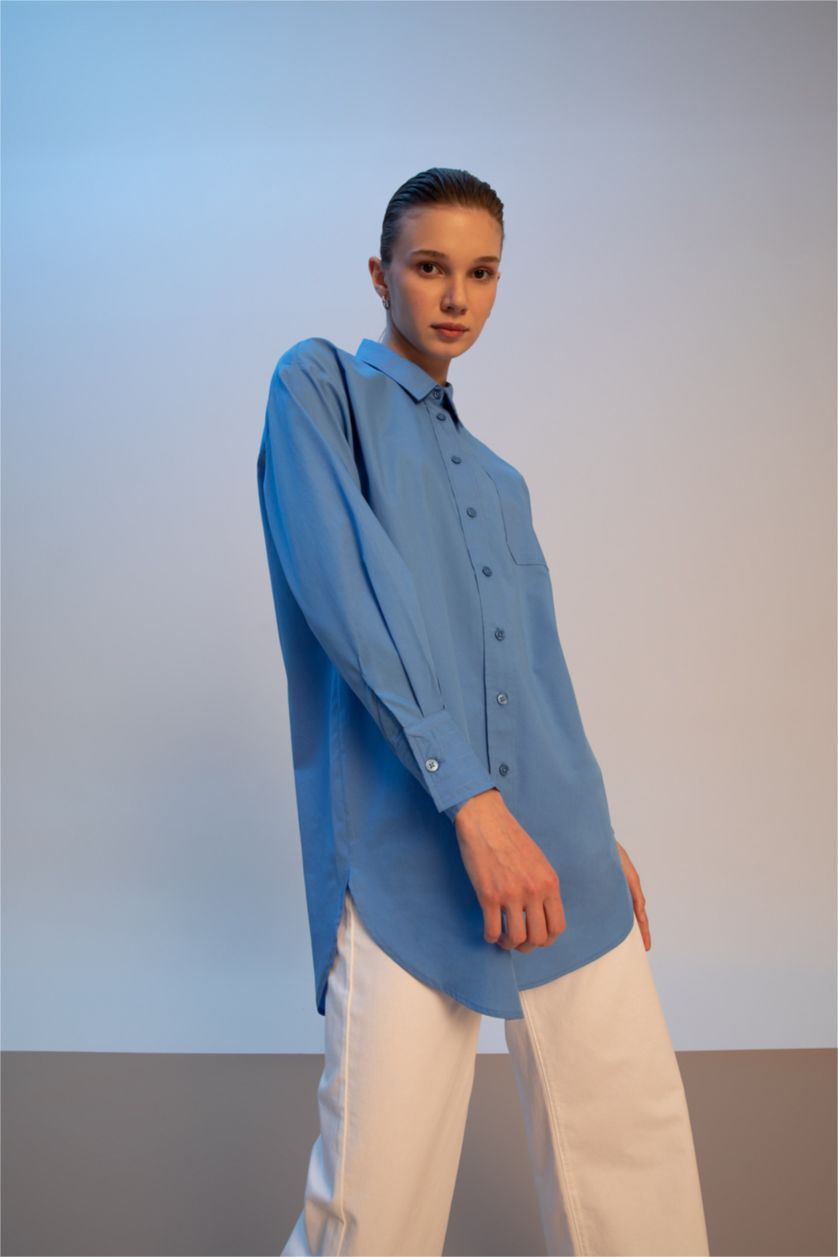 Woman Blue Relax Fit Poplin Long Sleeve Tunic
