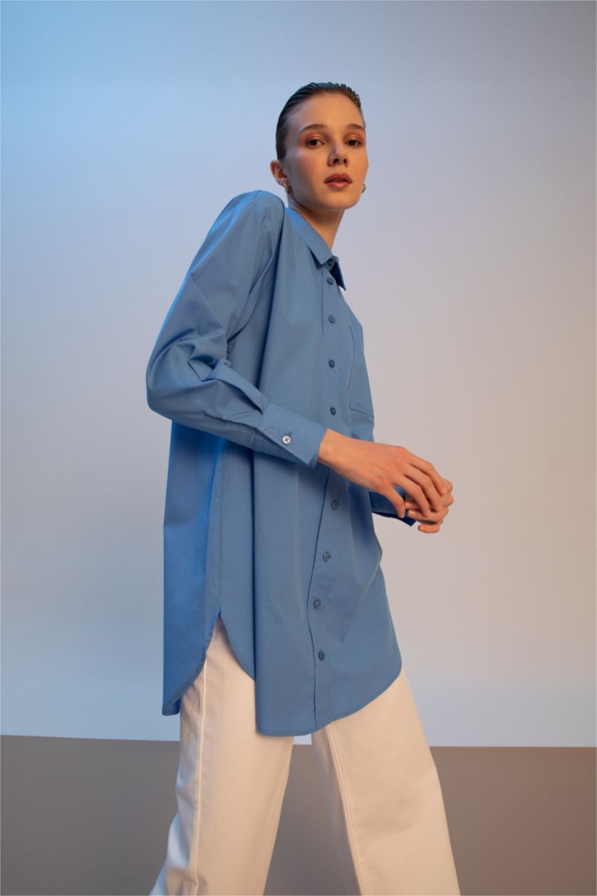 Woman Blue Relax Fit Poplin Long Sleeve Tunic