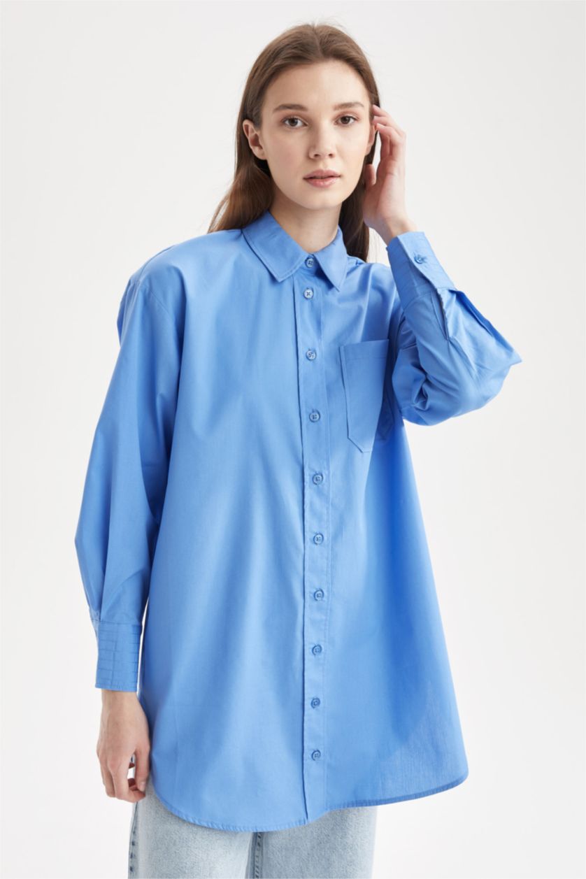 Woman Blue Relax Fit Poplin Long Sleeve Tunic