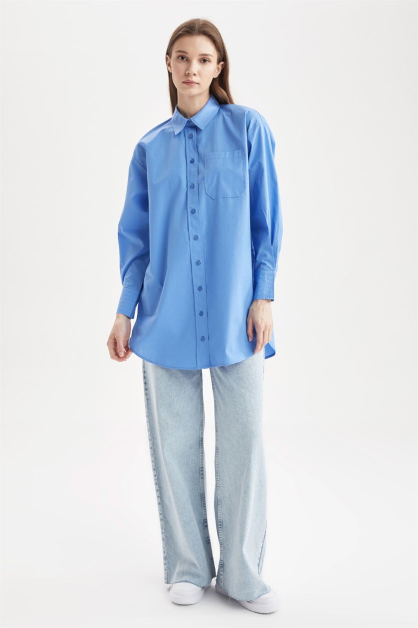 Woman Blue Relax Fit Poplin Long Sleeve Tunic