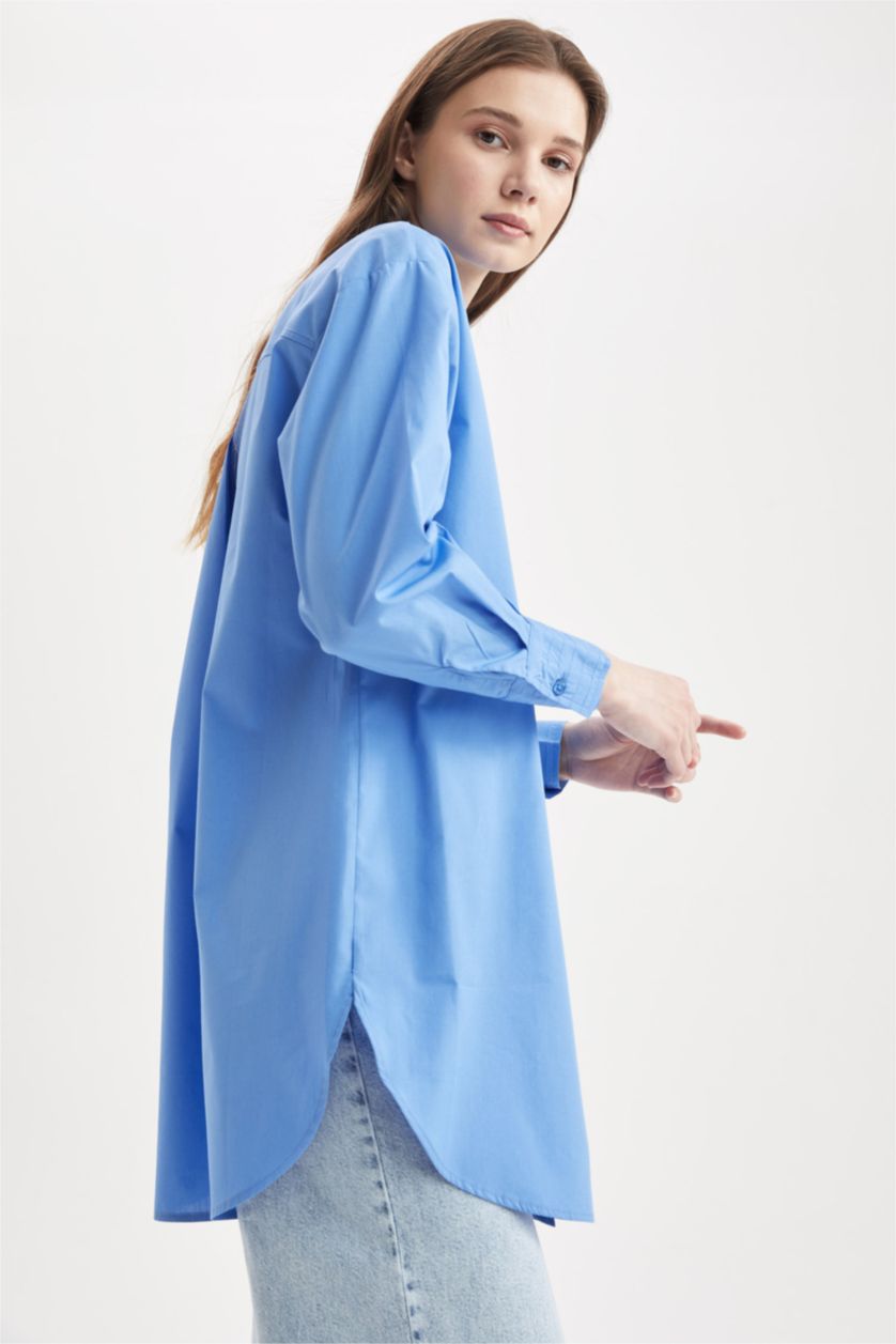 Woman Blue Relax Fit Poplin Long Sleeve Tunic