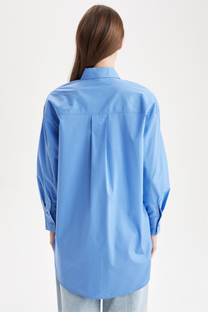 Woman Blue Relax Fit Poplin Long Sleeve Tunic