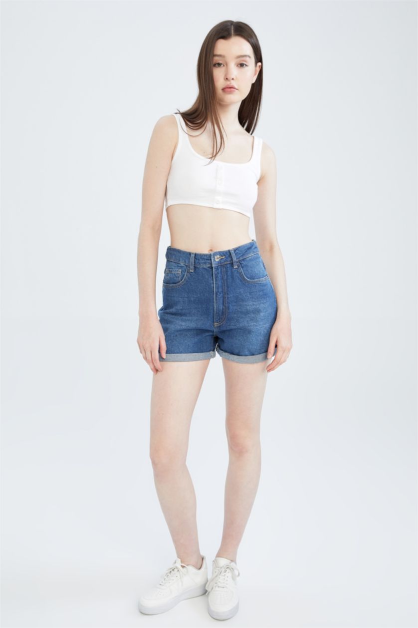 FEMME Bleu Mini short en jean coupe mom