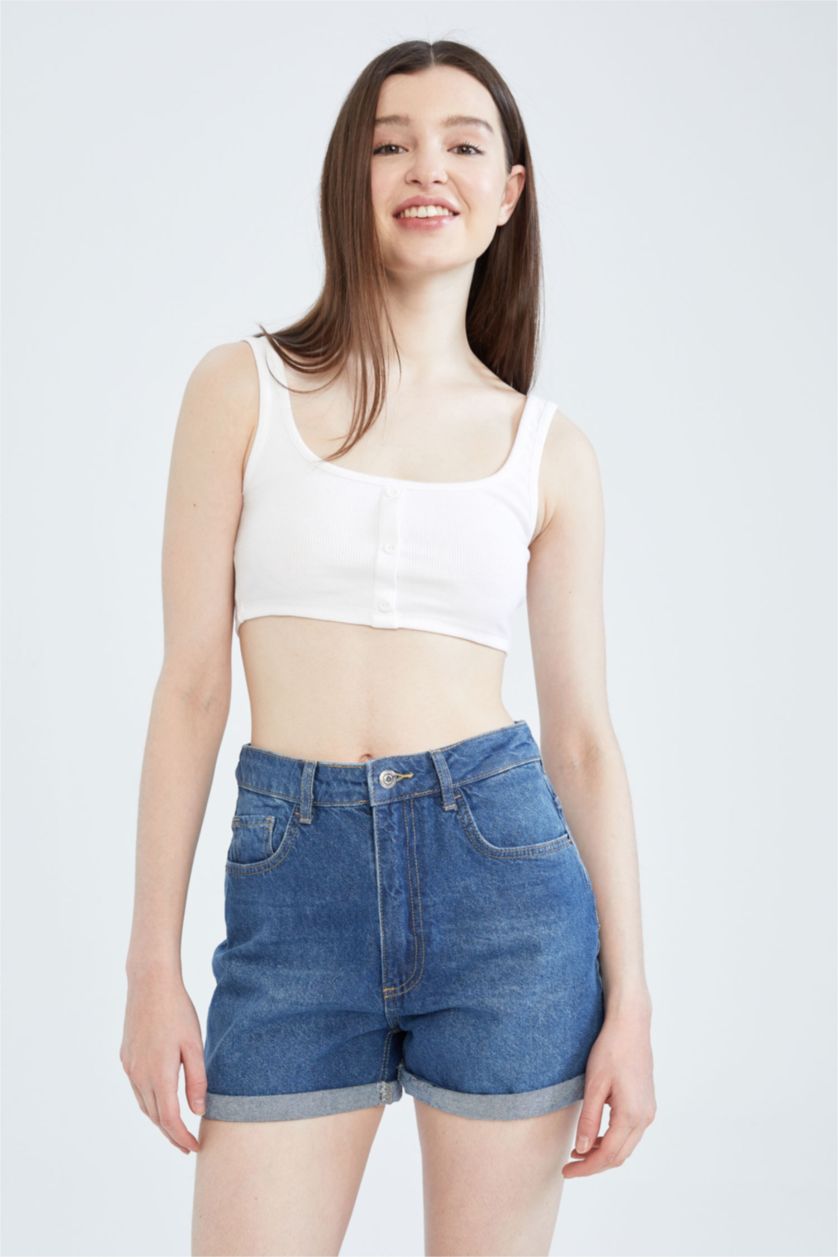 FEMME Bleu Mini short en jean coupe mom