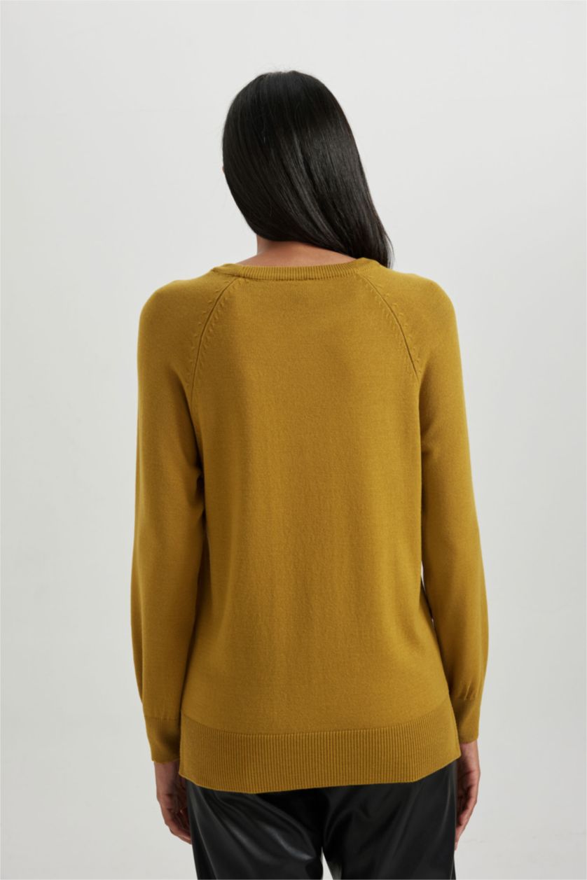 حريمي أخضر بلوفر تريكو بيزك بقصة مريحة بياقة مستديرة