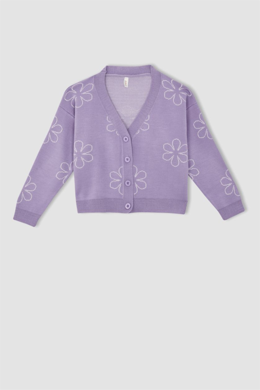 FILLES Violet Cardigan en tricot boutonné à col en V à motif floral pour fille