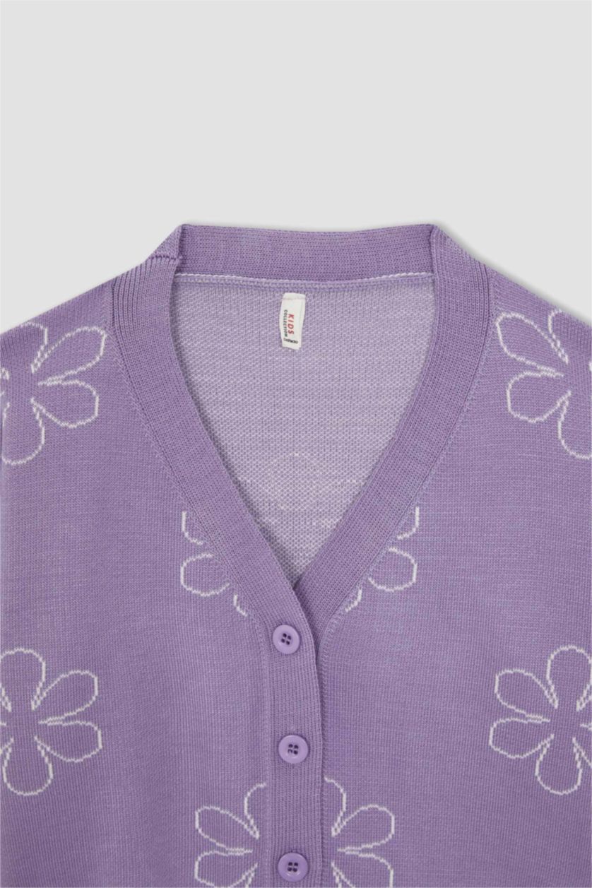 FILLES Violet Cardigan en tricot boutonné à col en V à motif floral pour fille