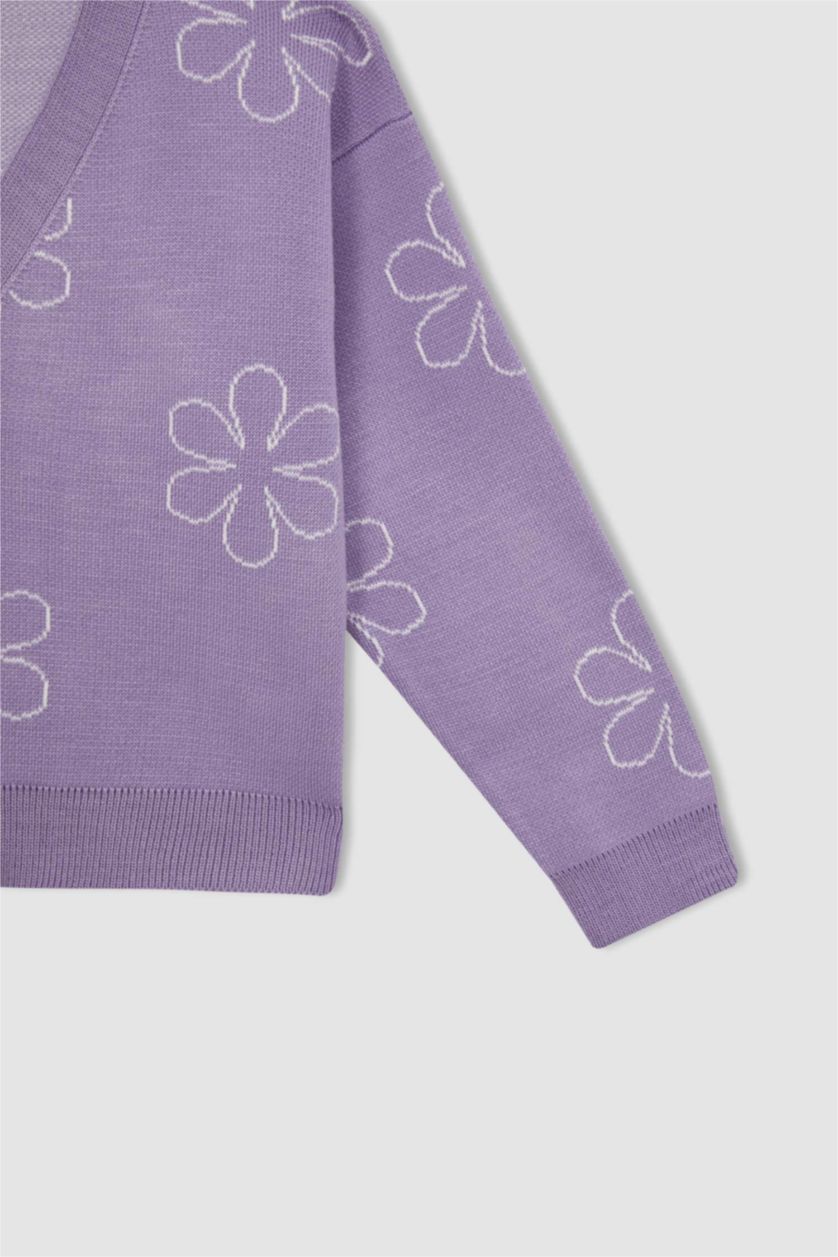FILLES Violet Cardigan en tricot boutonné à col en V à motif floral pour fille