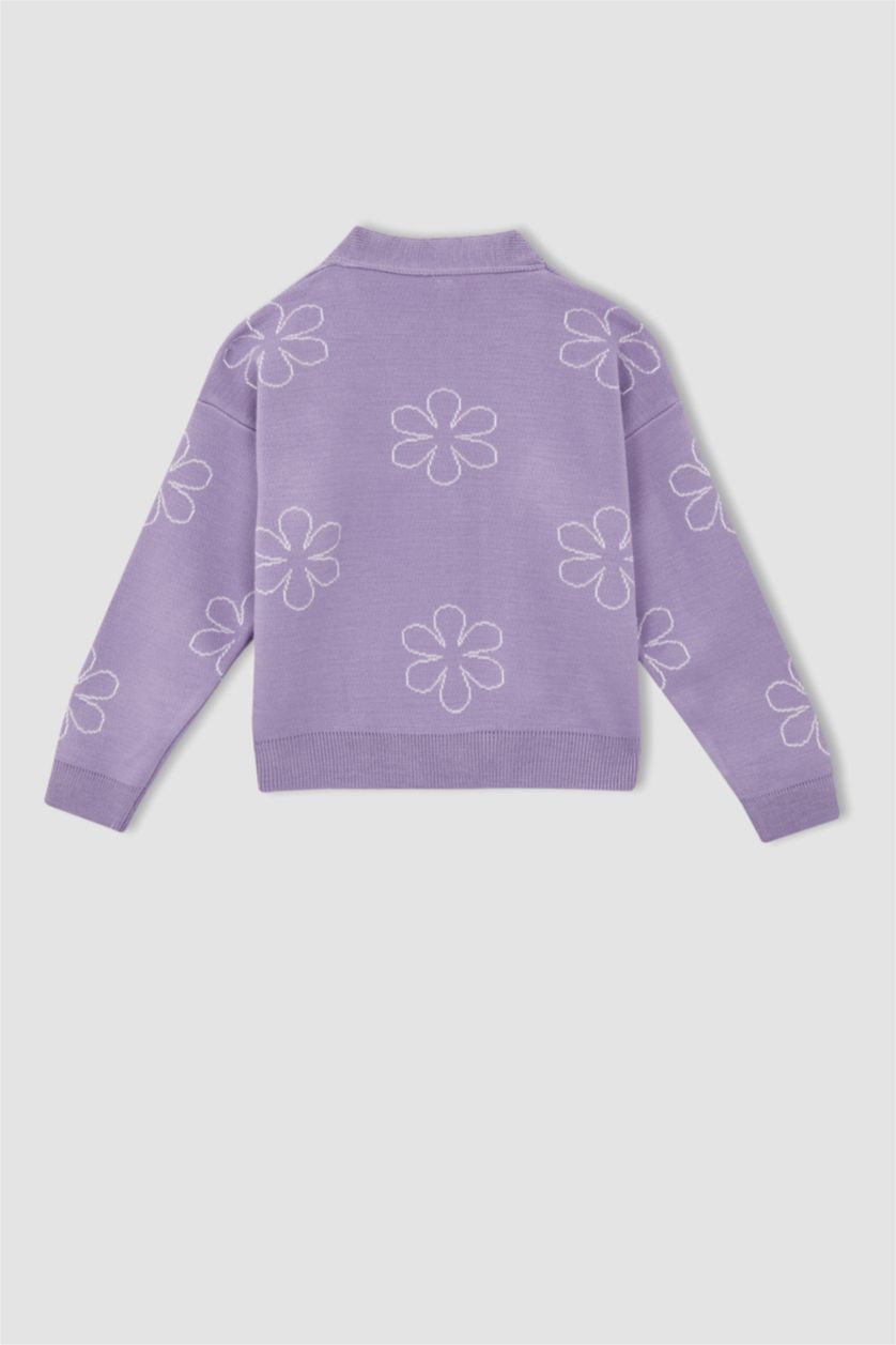 FILLES Violet Cardigan en tricot boutonné à col en V à motif floral pour fille