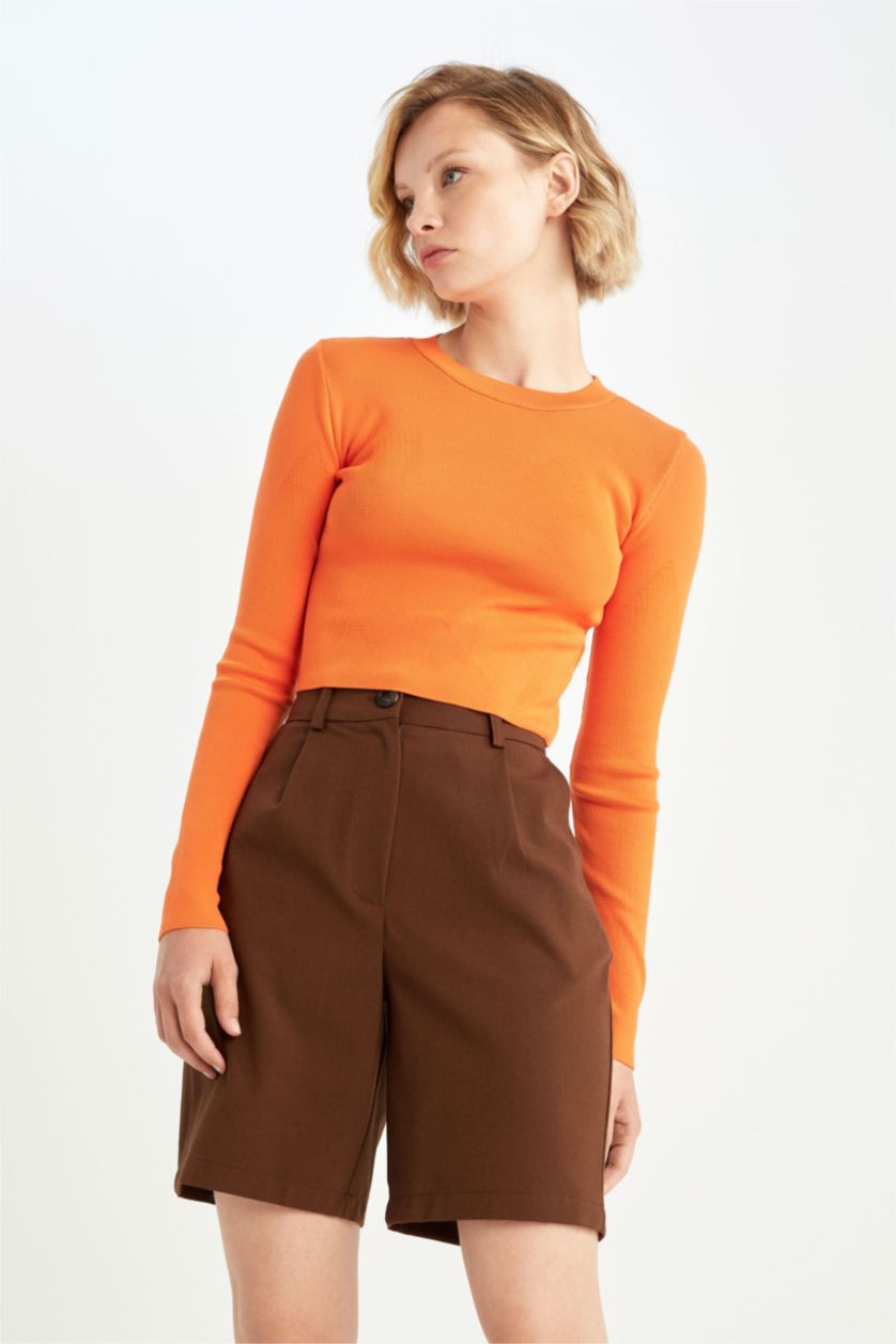 Kadın Açık Kahve Yüksek Bel Bermuda Şort Pantolon