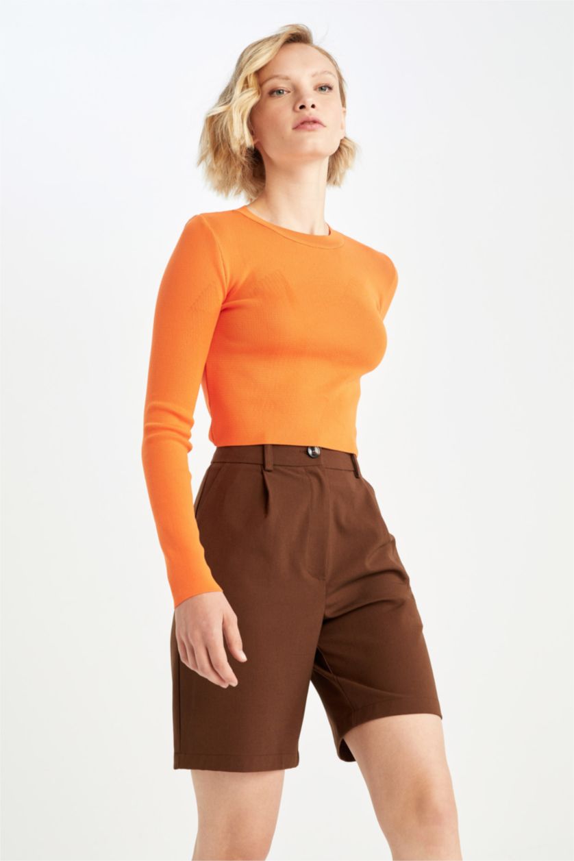 Kadın Açık Kahve Yüksek Bel Bermuda Şort Pantolon